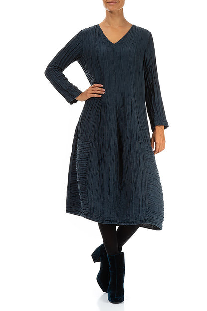 Long Sleeves V-Neck Crinkled Midnight Blue Silk Dress