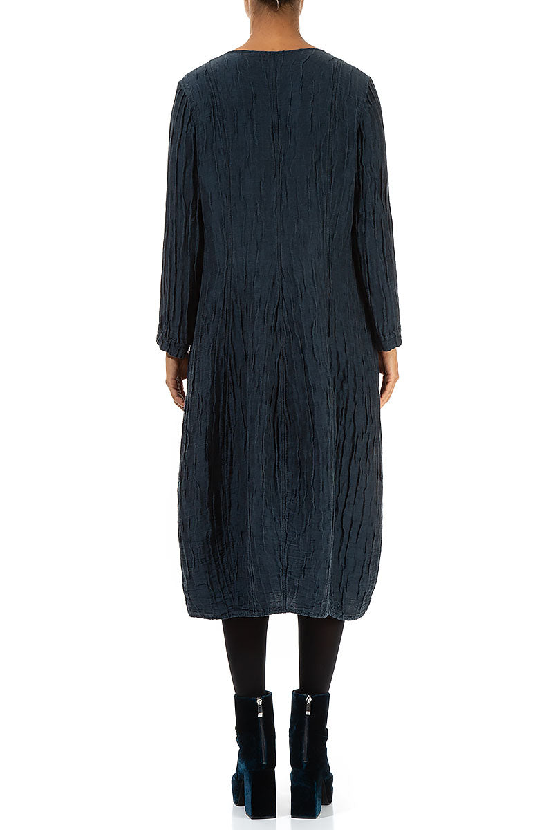 Long Sleeves V-Neck Crinkled Midnight Blue Silk Dress
