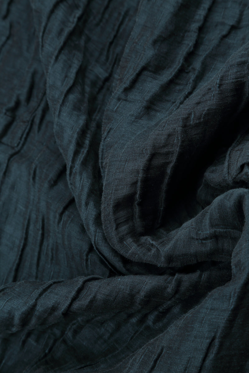 Long Sleeves V-Neck Crinkled Midnight Blue Silk Dress