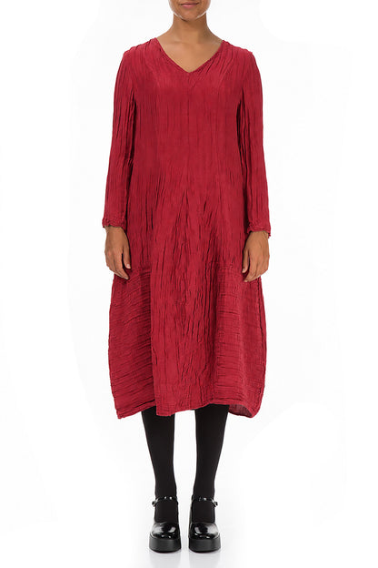 Long Sleeves V-Neck Crinkled Ruby Silk Dress