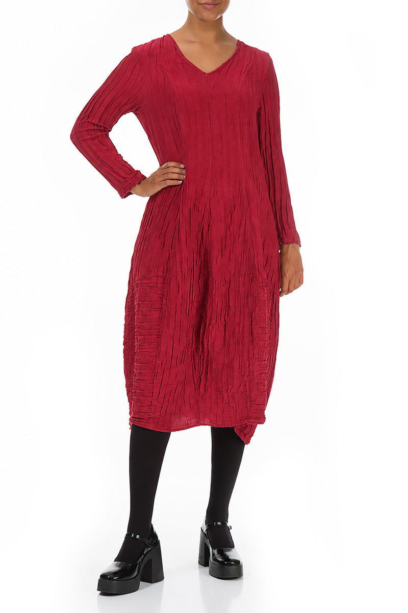 Long Sleeves V-Neck Crinkled Ruby Silk Dress 3