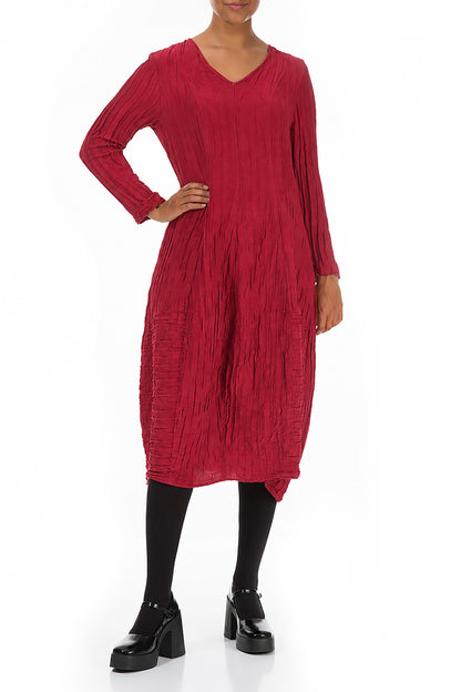 Long Sleeves V-Neck Crinkled Ruby Silk Dress