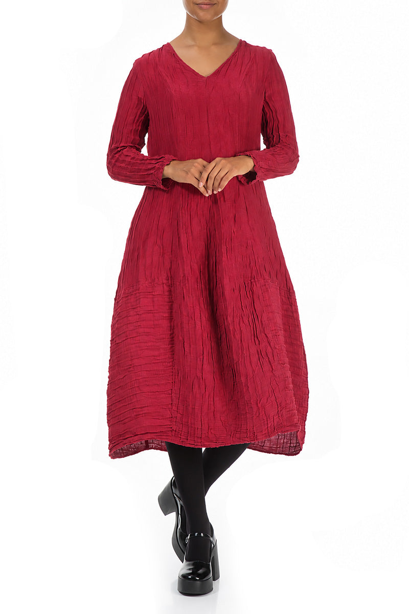 Long Sleeves V-Neck Crinkled Ruby Silk Dress