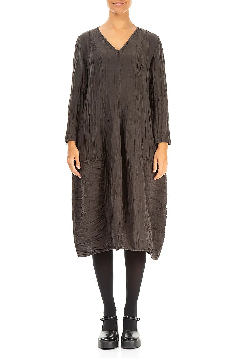 Long Sleeves V-neck Crinkled Forest Brown Silk Dress 1