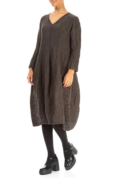 Long Sleeves V-neck Crinkled Forest Brown Silk Dress 3