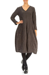 Long Sleeves V-neck Crinkled Forest Brown Silk Dress 4
