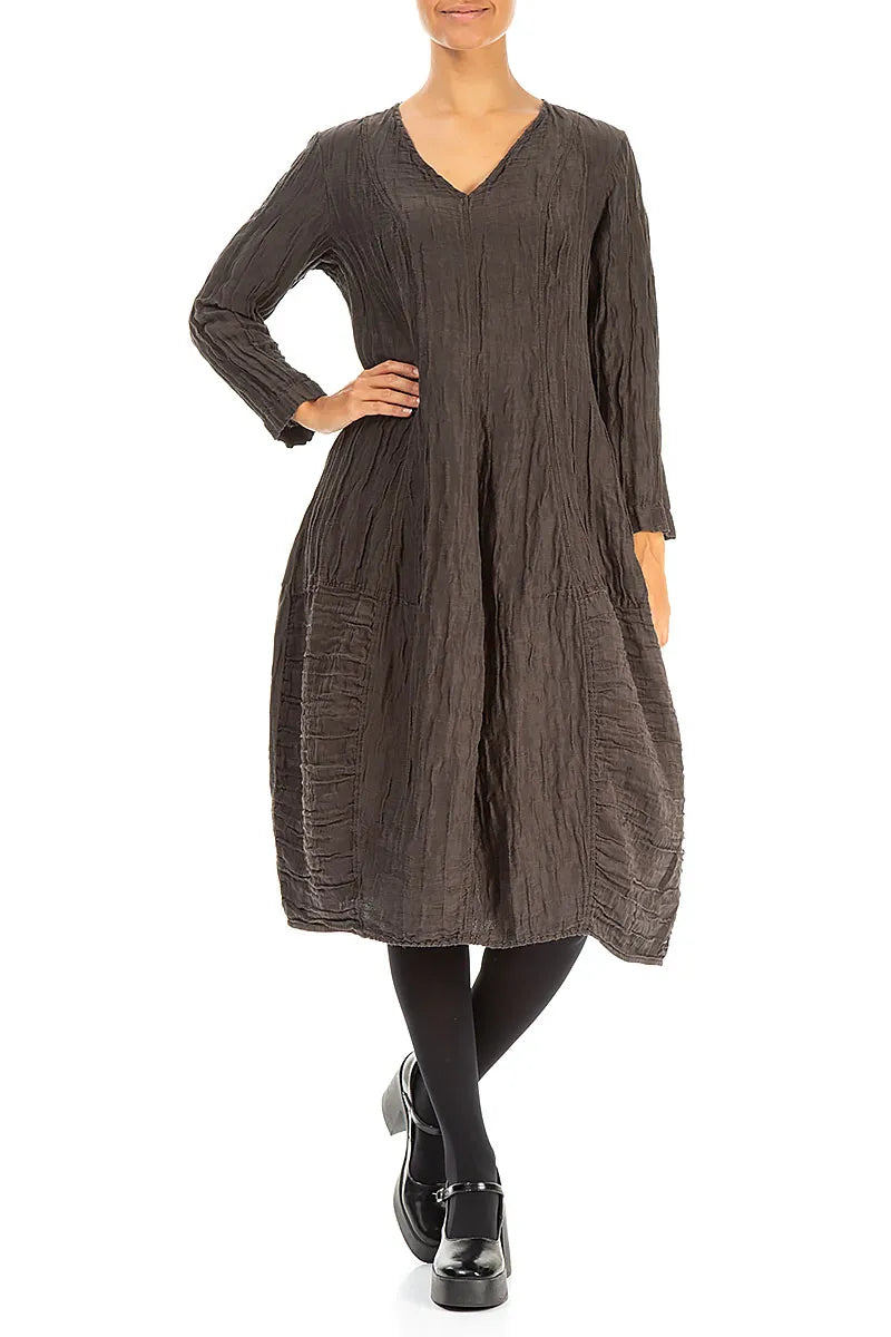 Long Sleeves V-neck Crinkled Forest Brown Silk Dress 4