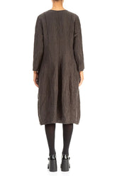 Long Sleeves V-neck Crinkled Forest Brown Silk Dress 2