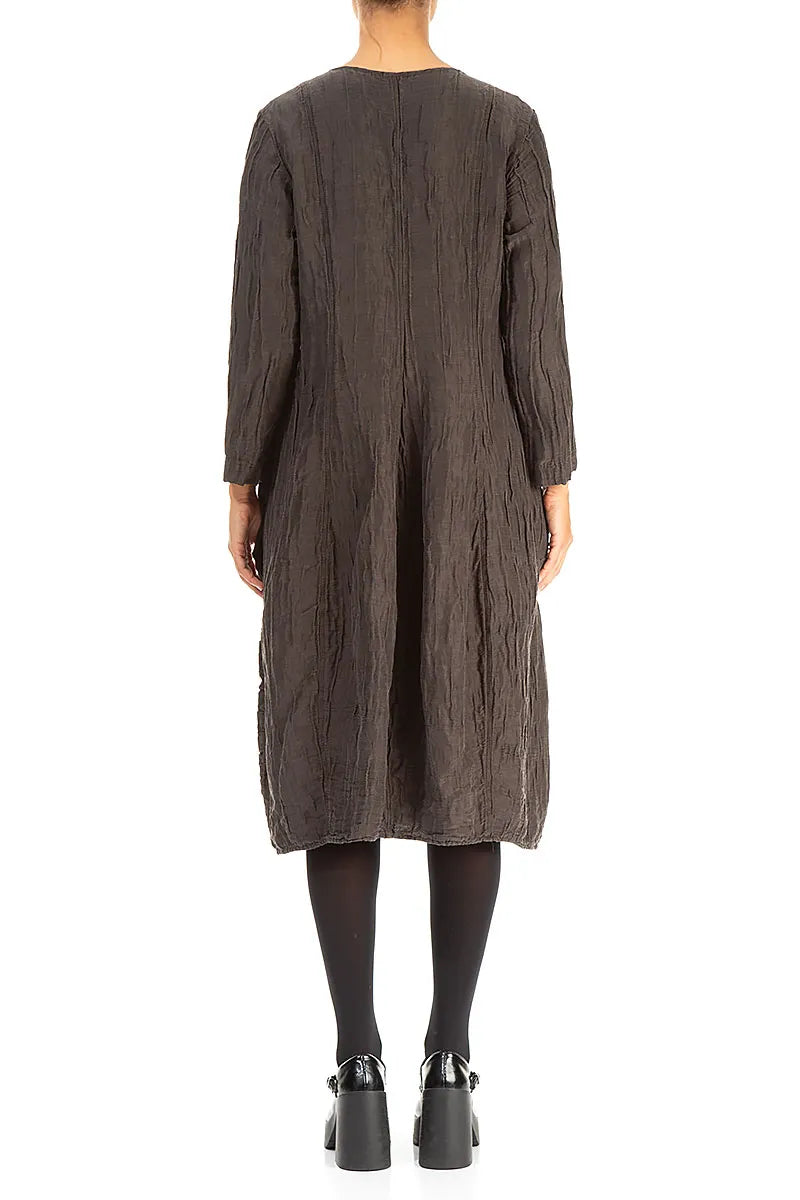 Long Sleeves V-neck Crinkled Forest Brown Silk Dress 2