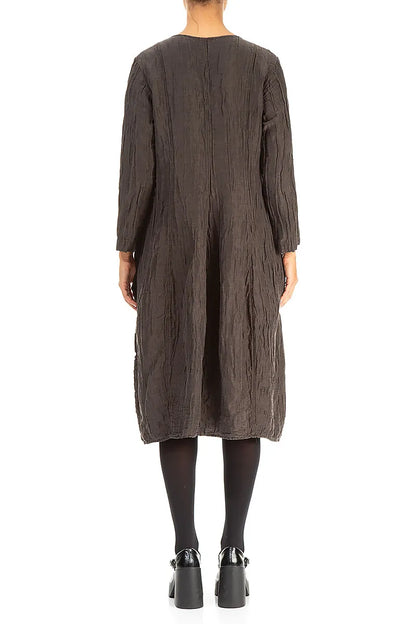Long Sleeves V-neck Crinkled Forest Brown Silk Dress 2