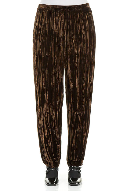 Long Taper Aged Copper Crumpled Silk Velvet Trousers 1