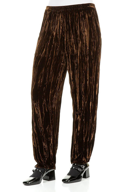 Long Taper Aged Copper Crumpled Silk Velvet Trousers 3