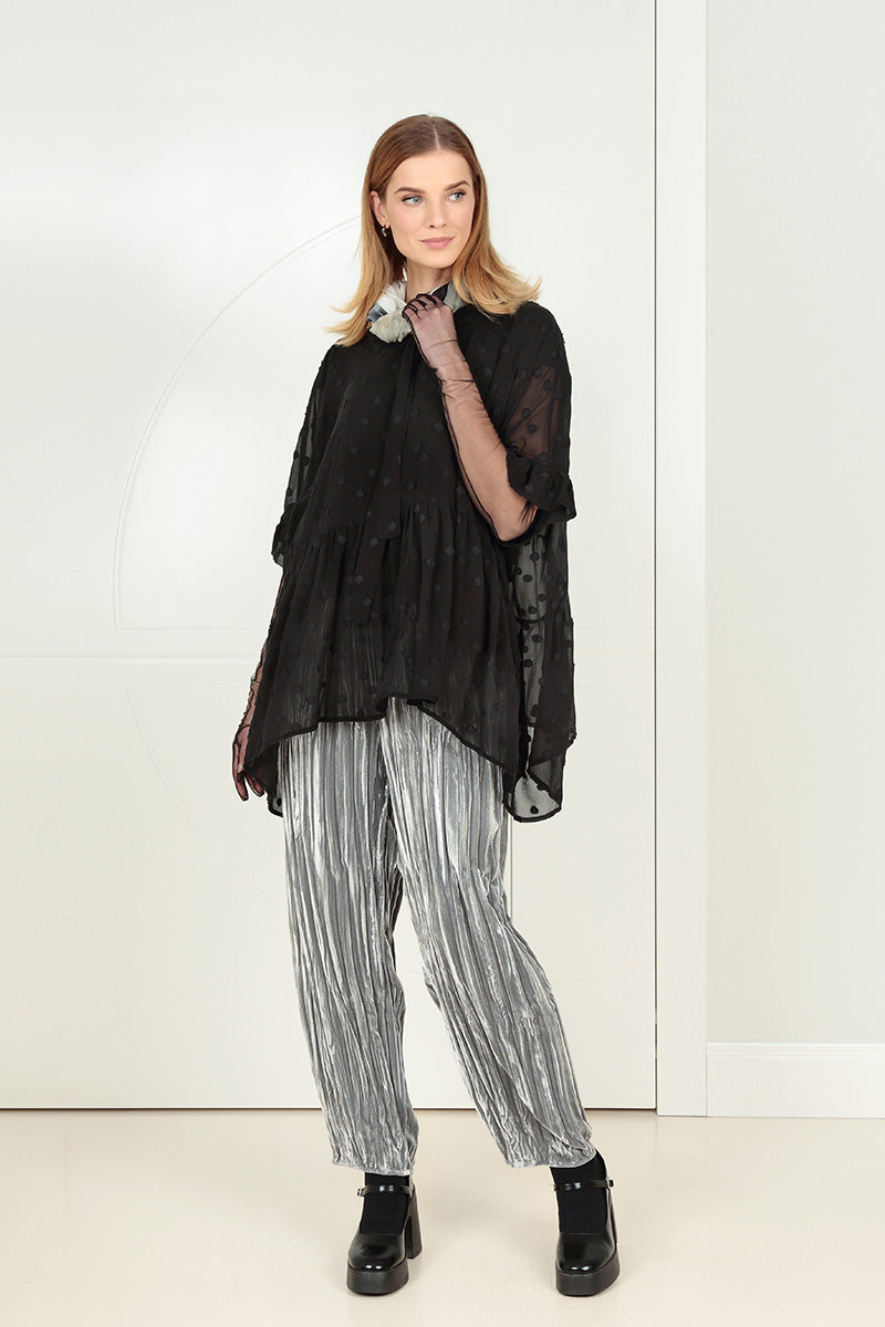 Long Taper Silver Crumpled Silk Velvet Trousers 6