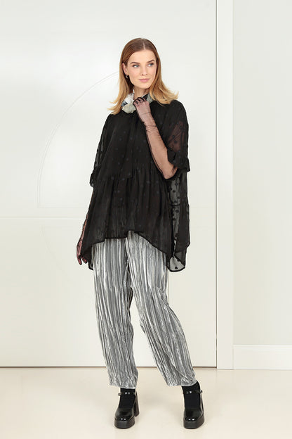 Long Taper Silver Crumpled Silk Velvet Trousers 6