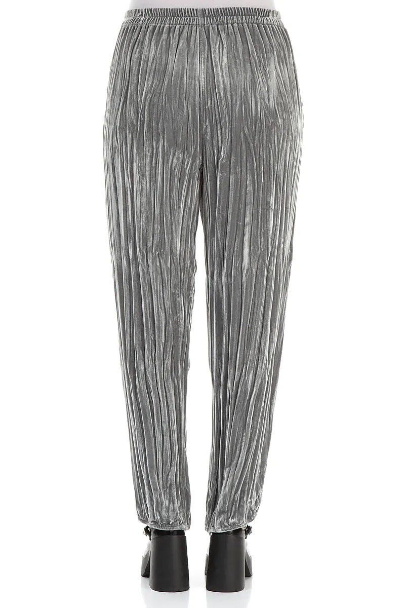 Long Taper Silver Crumpled Silk Velvet Trousers 2
