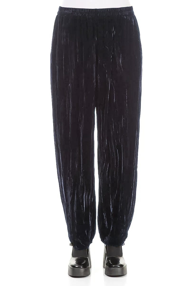 Long Taper Slate Blue Crumpled Silk Velvet Trousers 1