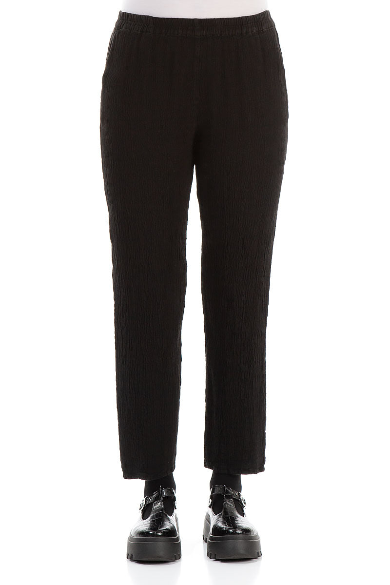 Long Tapered Black Linen Trousers