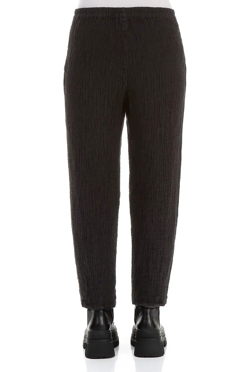 Long Tapered Black Textured Linen Trousers 2