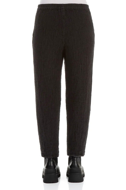 Long Tapered Black Textured Linen Trousers 2