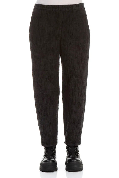 Long Tapered Black Textured Linen Trousers 1