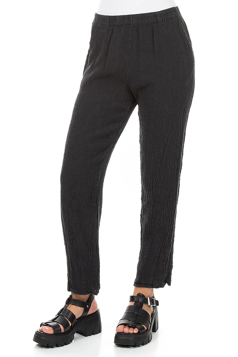 Long Tapered Graphite Textured Linen Trousers