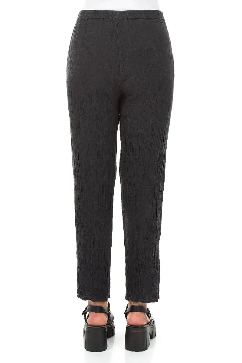 Long Tapered Graphite Textured Linen Trousers