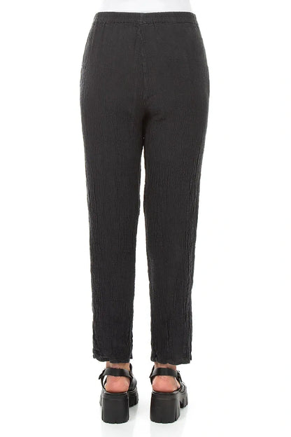 Long Tapered Graphite Textured Linen Trousers