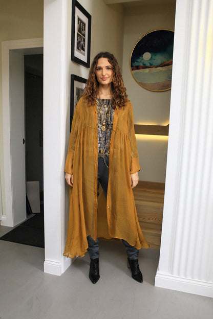 Long Yellow Ochre Silk Chiffon Jacket