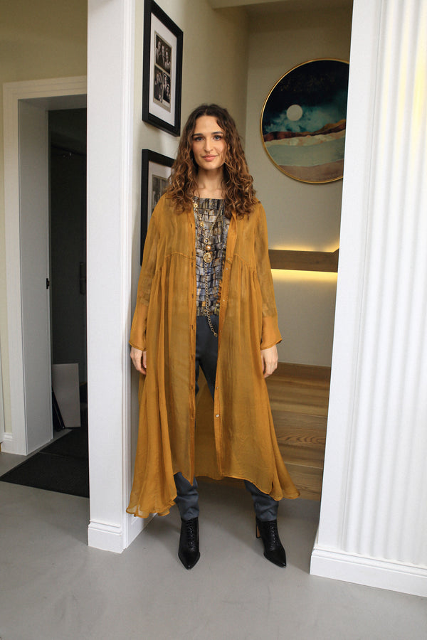 Long Yellow Ochre Silk Chiffon Jacket 1
