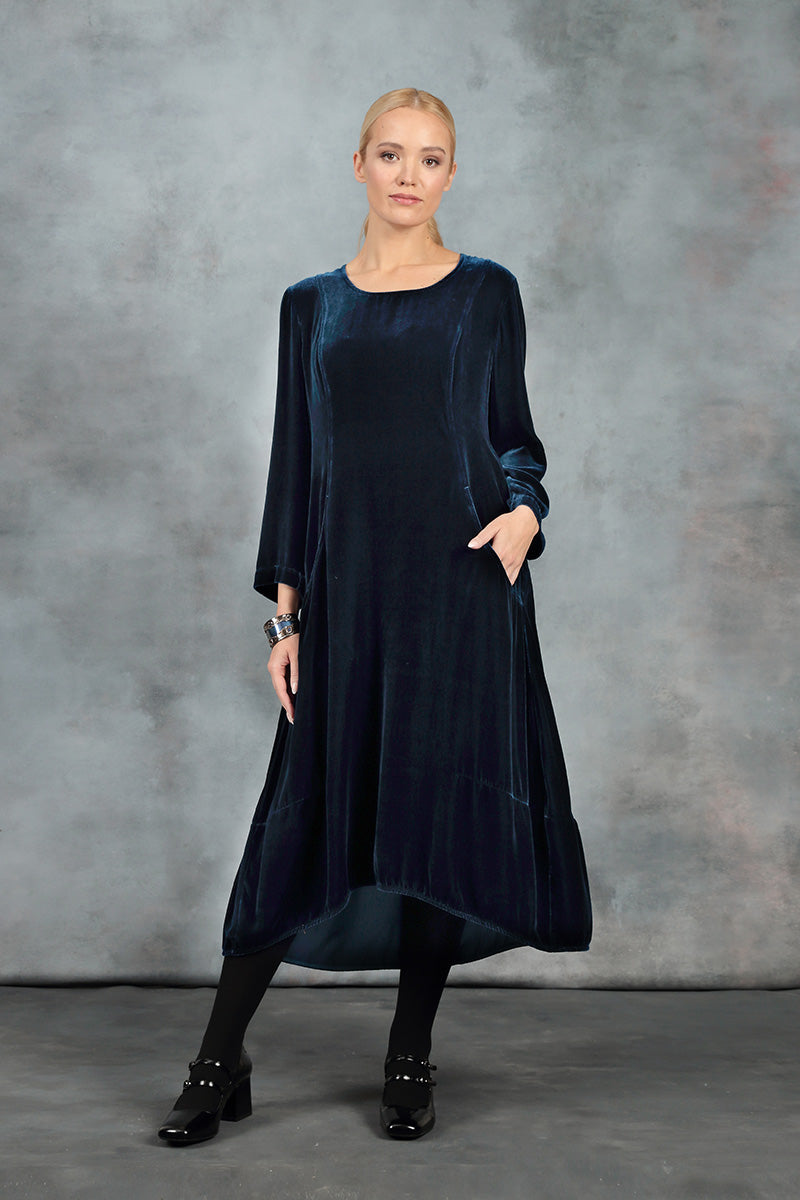 Longer Back Azure Silk Velvet Dress