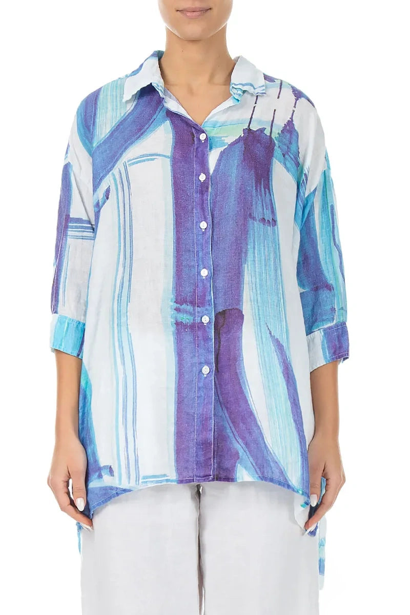 Longer Back Blue Brushstroke Linen Shirt
