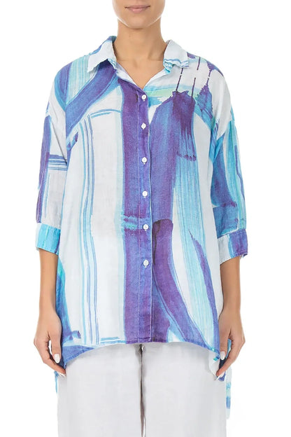 Longer Back Blue Brushstroke Linen Shirt
