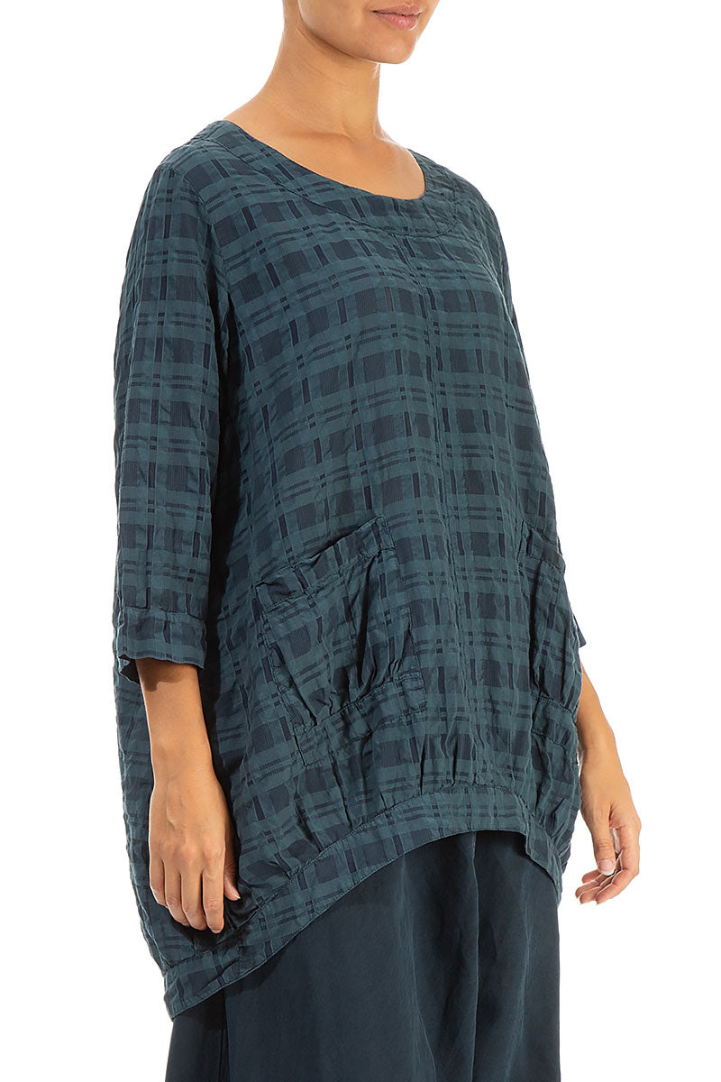 Longer Back Checkered Teal Silk Tunic