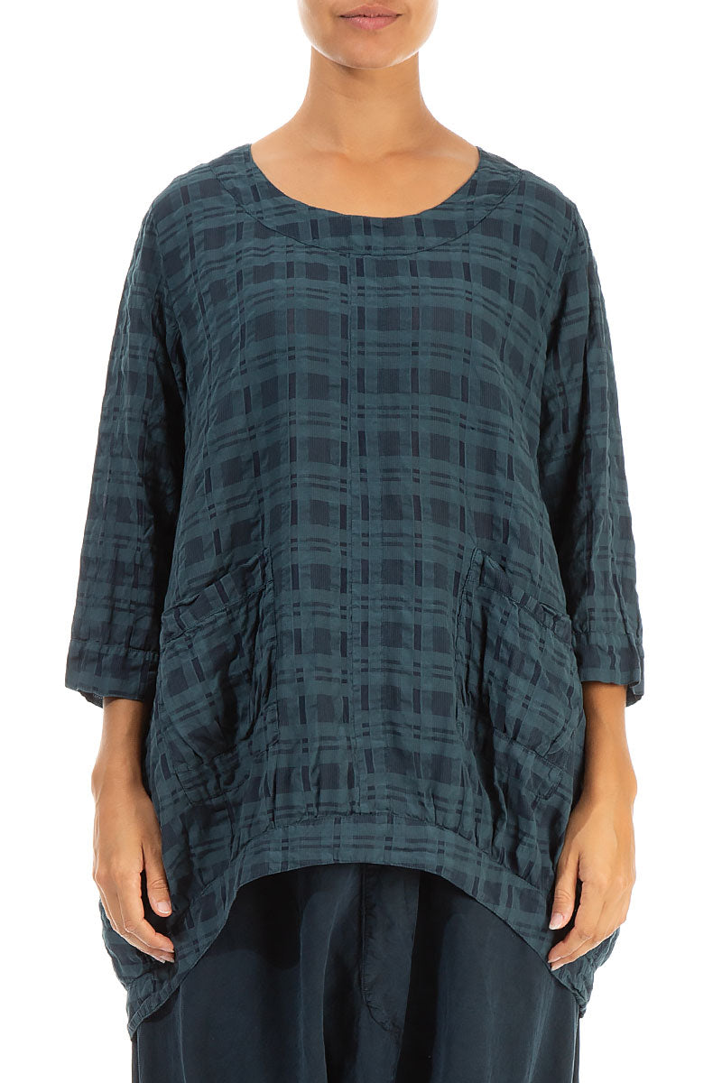 Longer Back Checkered Teal Silk Tunic