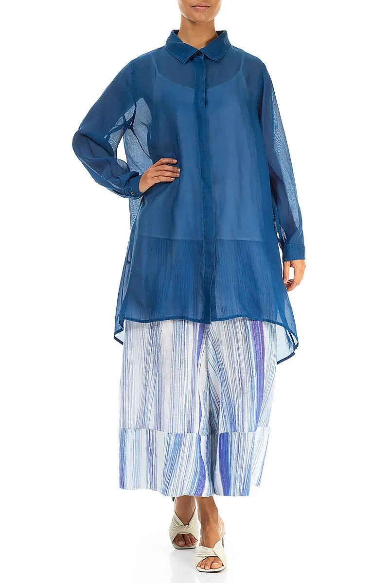 Longer Back Cobalt Blue Silk Cotton Shirt