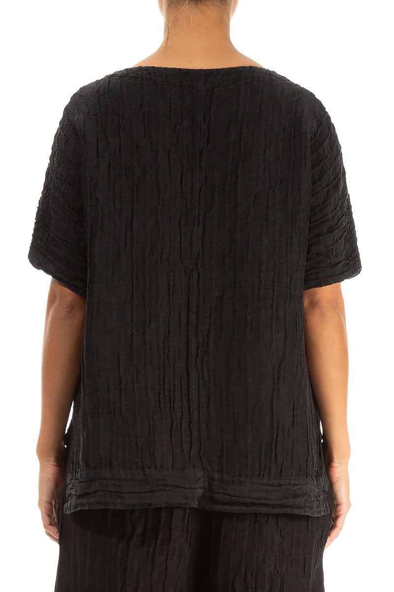 Longer Back Crinkled Black Silk Linen Blouse 2