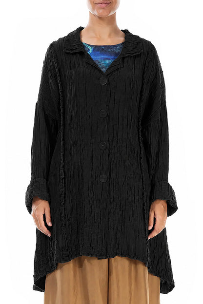 Longer Back Crinkled Black Silk Linen Jacket