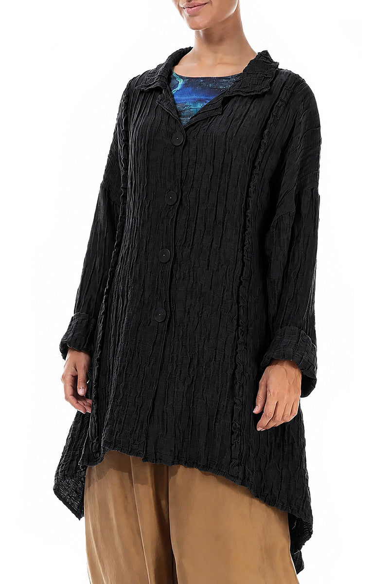 Longer Back Crinkled Black Silk Linen Jacket