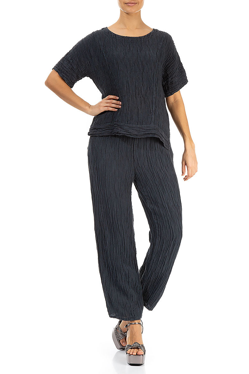 Longer Back Crinkled Graphite Silk Blouse 4