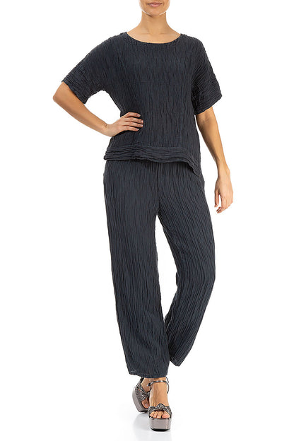 Longer Back Crinkled Graphite Silk Blouse 4