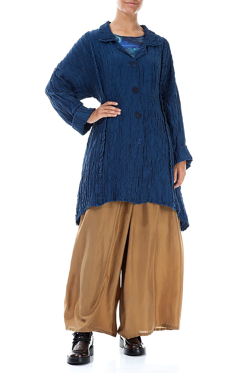 Longer Back Crinkled Royal Blue Silk Linen Jacket 4