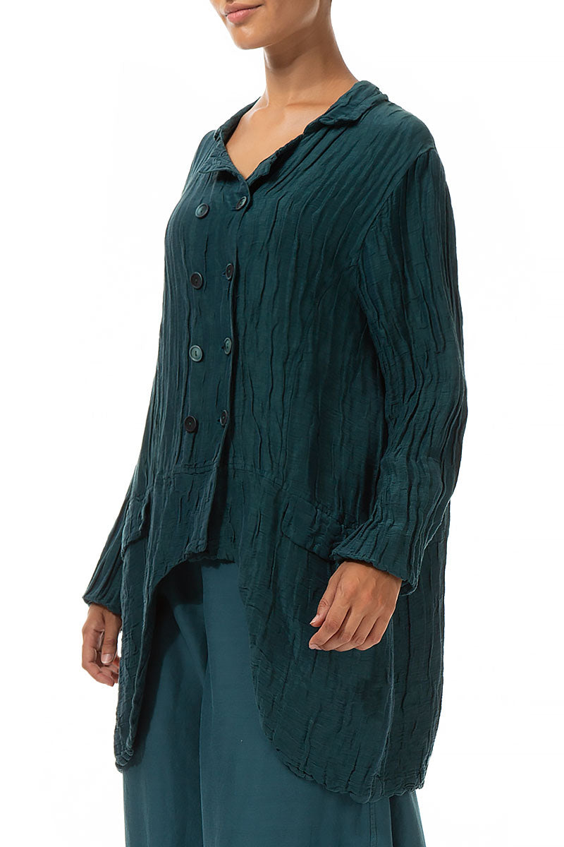 Longer Back Crinkled Teal Silk Jacket