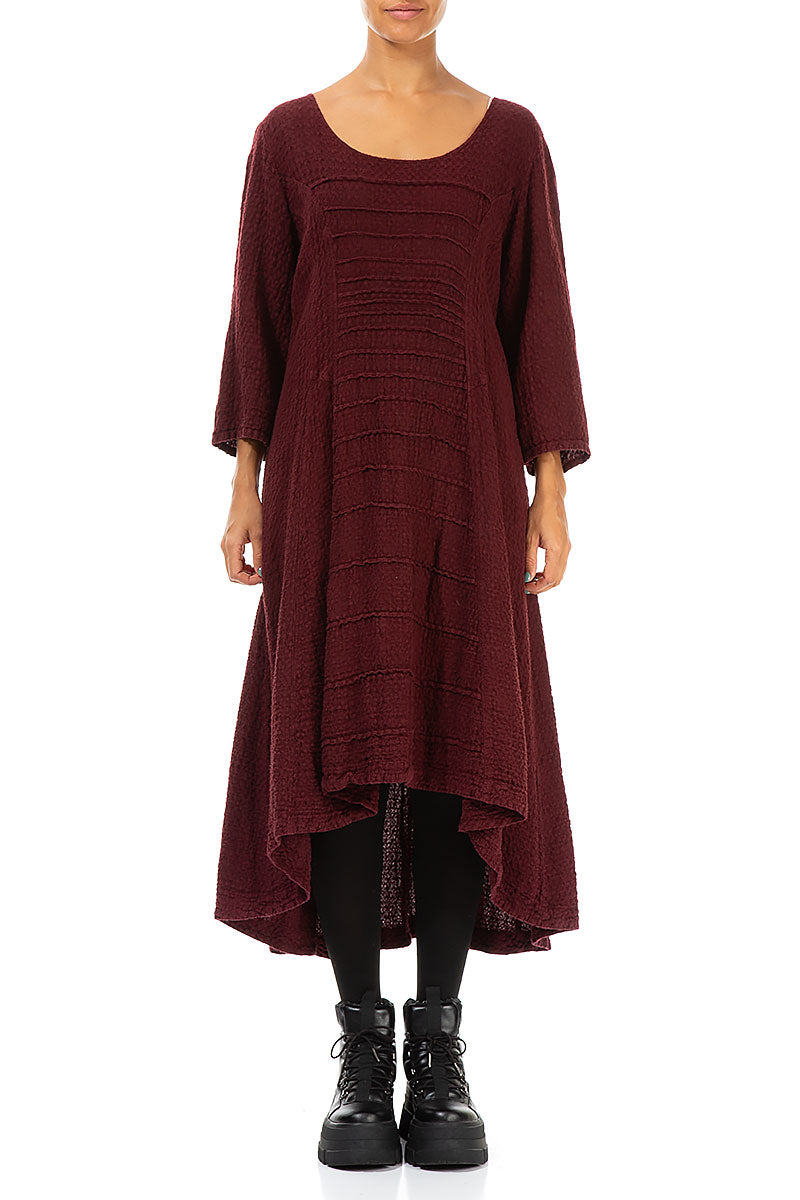 Longer Back Dark Red Textured Linen Dress