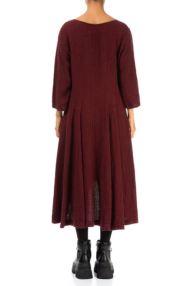 Longer Back Dark Red Textured Linen Dress