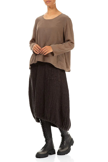 Longer Back Forest Brown Textured Linen Skirt 4