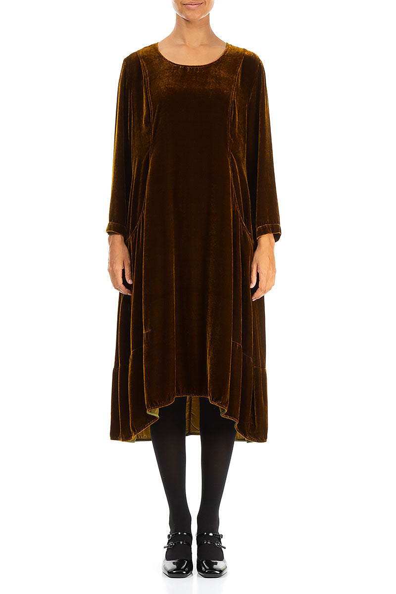 Longer Back Golden Olive Silk Velvet Dress