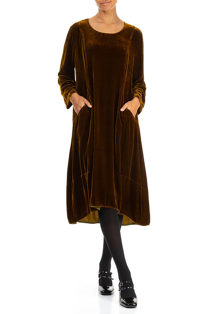 Longer Back Golden Olive Silk Velvet Dress