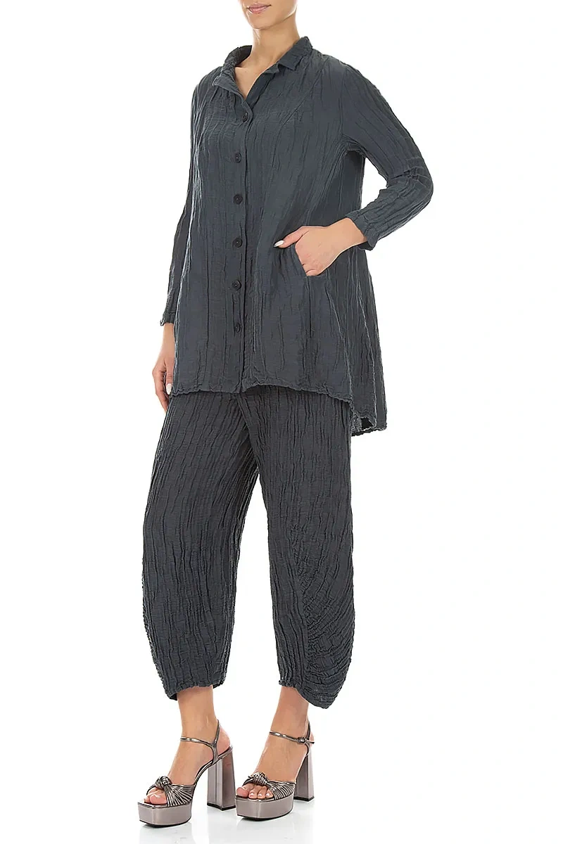 Veste en lin et soie froissée graphite avec dos plus long