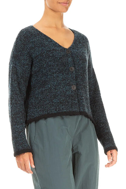 Longer Back Mélange Dark Teal Wool Cardigan 3
