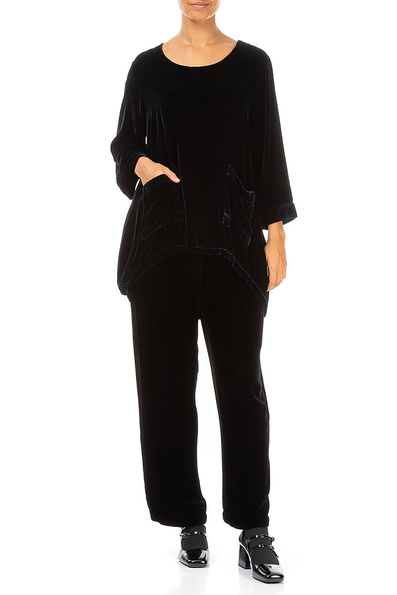 Longer Back Midnight Blue Silk Velvet Tunic